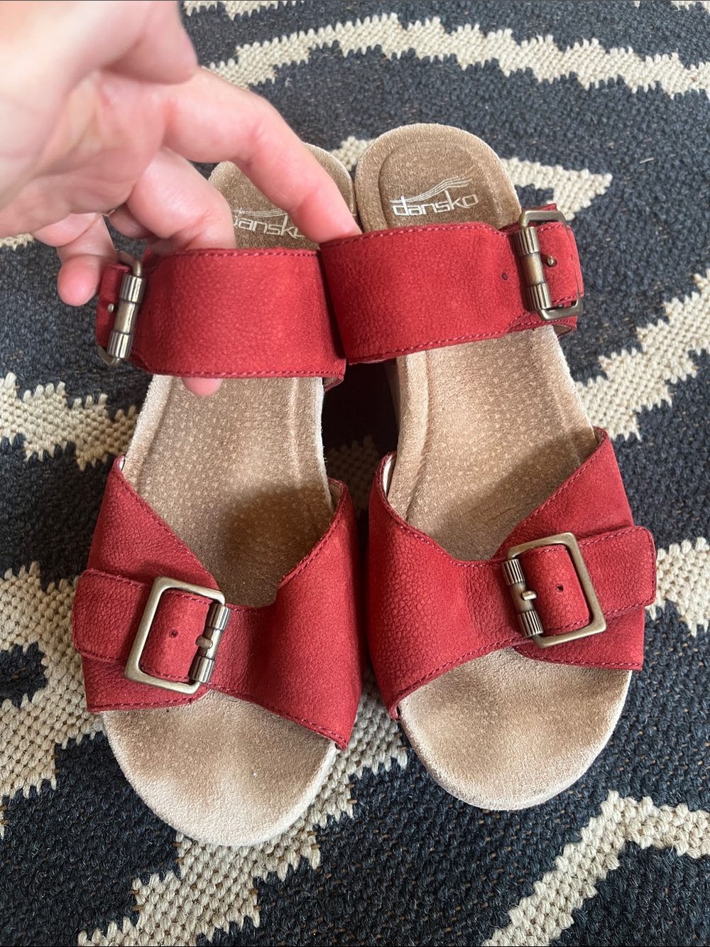 Dansko Red Suede Double-Buckle Wedge Sandals